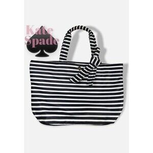 KATE SPADE NEW YORK Barbara Flatiron Nylon Bag Black White Stripe Tote Beach